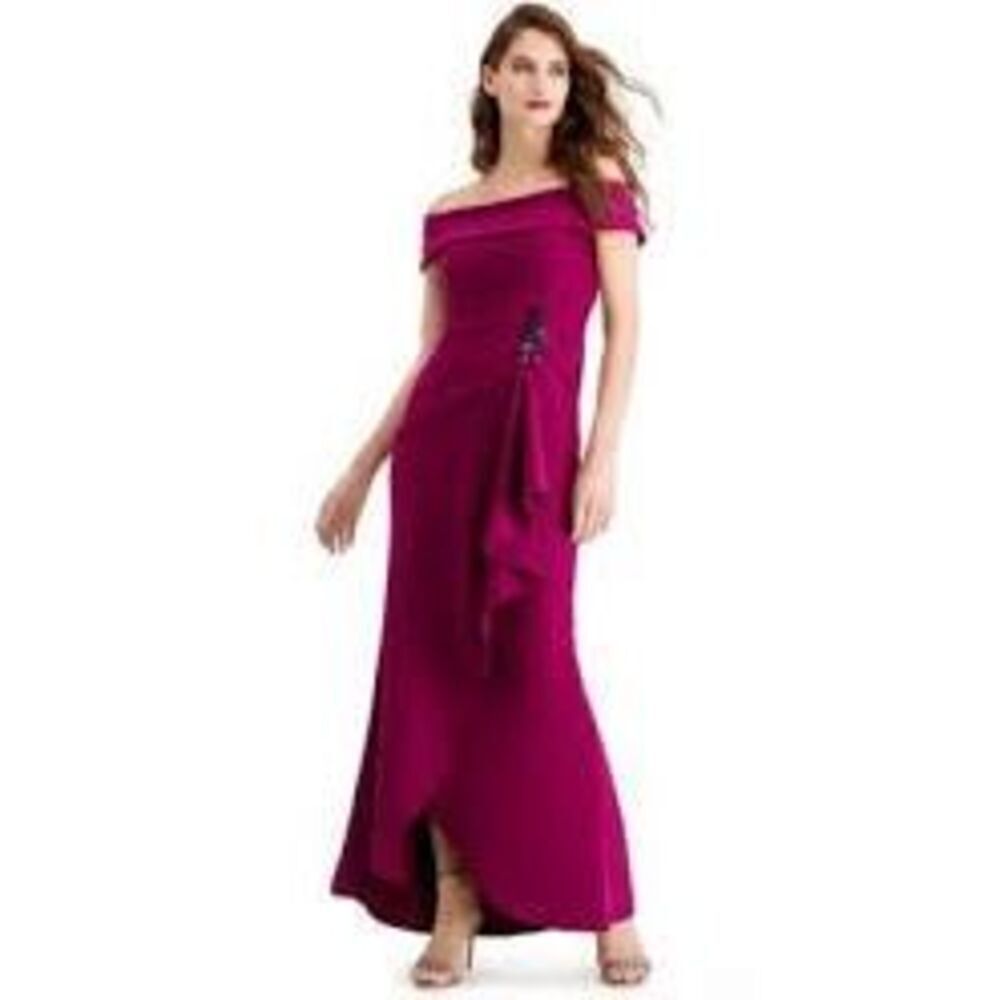 Adrianna Papell Size 6 Off Shoulder Trumpet Formal Gown Fuchsia Purple Pink NWT